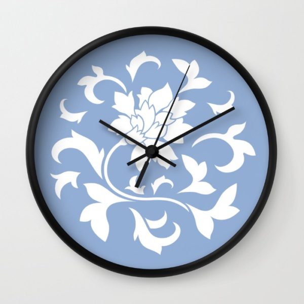 Wall Clock, Black, Oriental Flower, Serenity Blue designenrich