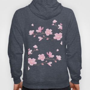 Cherry Blossom Transparent - HOODY UNISEX ZIP TRI NAVY LARGE BACK PRINT ZIP