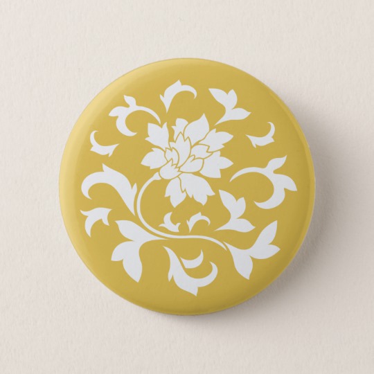 Oriental Flower - Mustard Yellow Circular Pattern Pinback Button